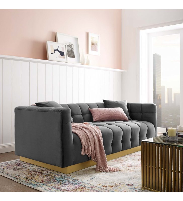 Vivacious Biscuit Tufted Performance Velvet Sofa in Gray - Lexmod