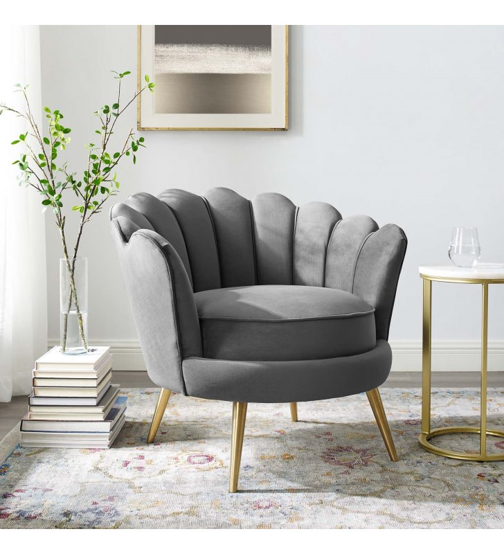 Admire Scalloped Edge Performance Velvet Accent Armchair in Gray - Lexmod