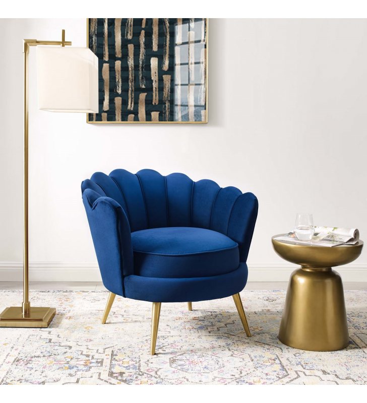 Admire Scalloped Edge Performance Velvet Accent Armchair in Navy - Lexmod