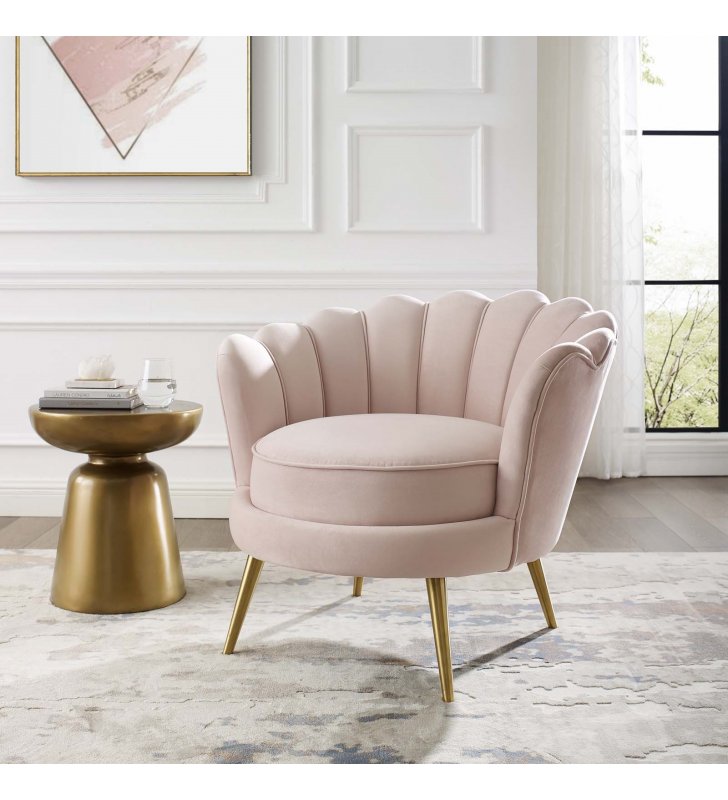 Admire Scalloped Edge Performance Velvet Accent Armchair in Pink - Lexmod