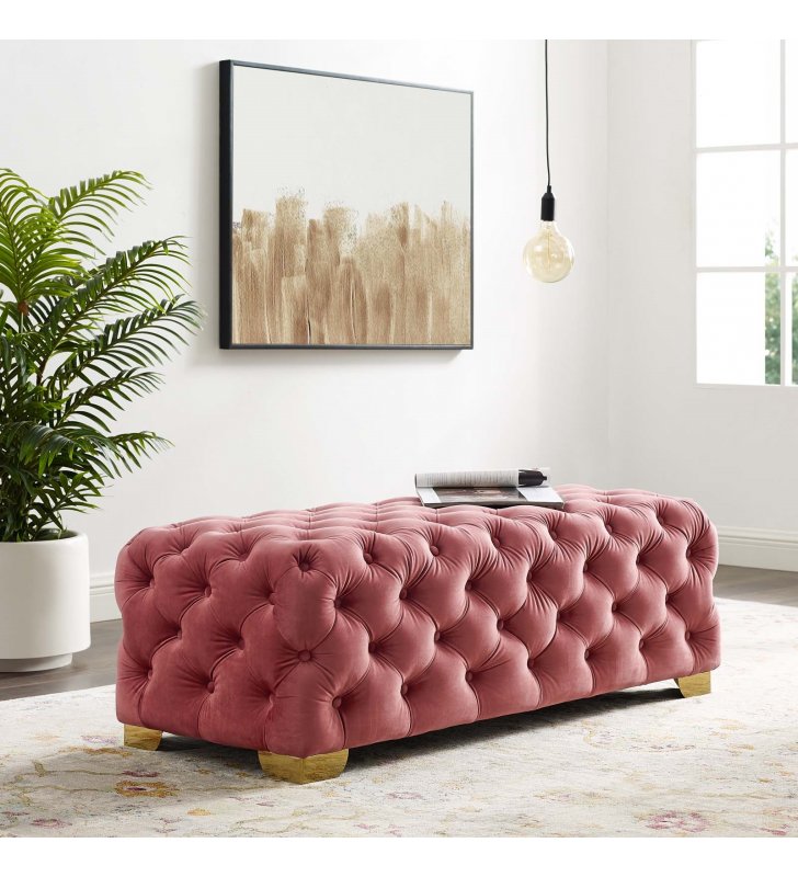 Sensible Button Tufted Performance Velvet Bench in Dusty Rose - Lexmod