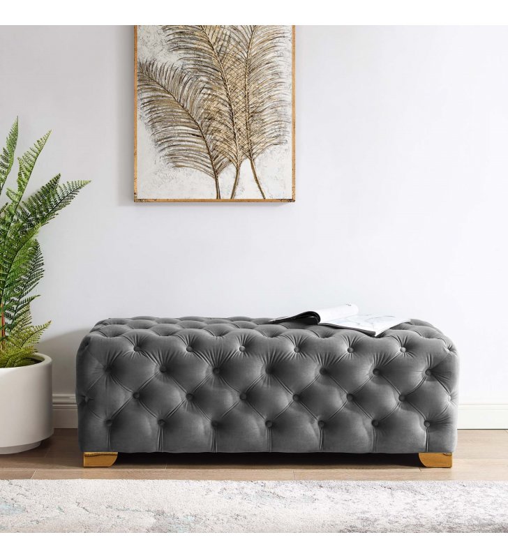 Sensible Button Tufted Performance Velvet Bench in Gray - Lexmod