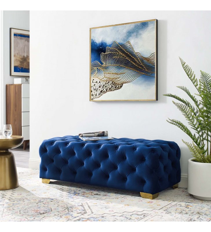 Sensible Button Tufted Performance Velvet Bench in Navy - Lexmod