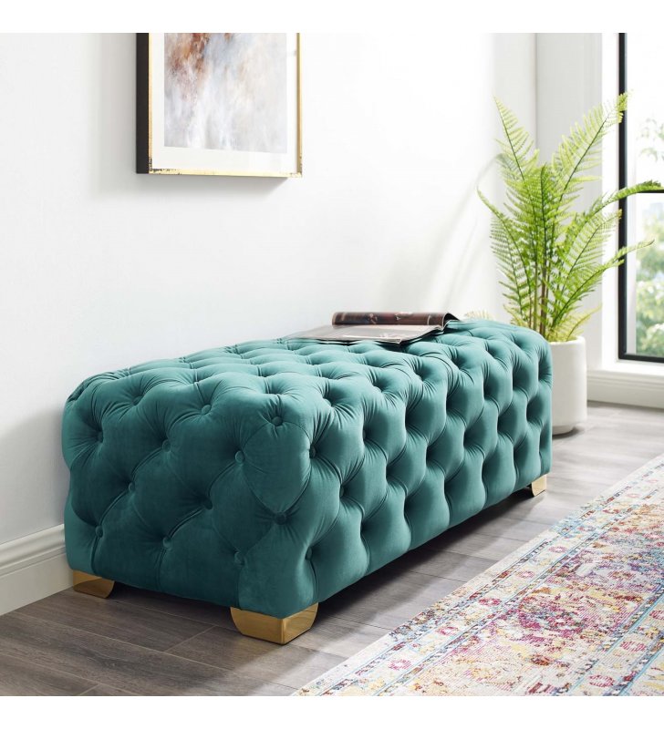 Sensible Button Tufted Performance Velvet Bench in Teal - Lexmod