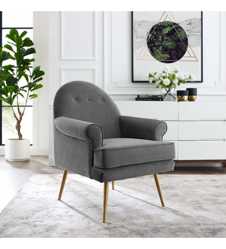 Revive Tufted Button Accent Performance Velvet Armchair in Gray - Lexmod