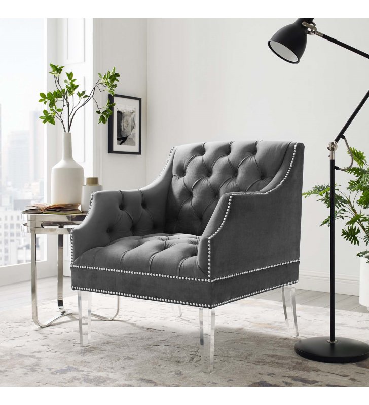 Proverbial Tufted Button Accent Performance Velvet Armchair in Gray - Lexmod