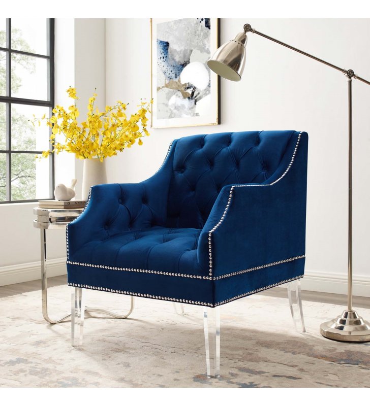 Proverbial Tufted Button Accent Performance Velvet Armchair in Navy - Lexmod