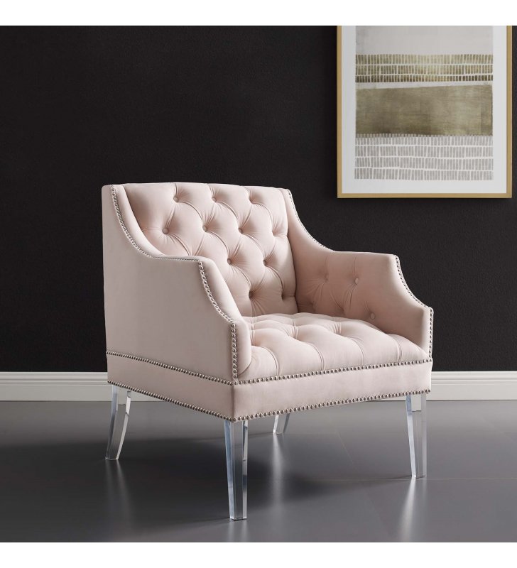 Proverbial Tufted Button Accent Performance Velvet Armchair in Pink - Lexmod