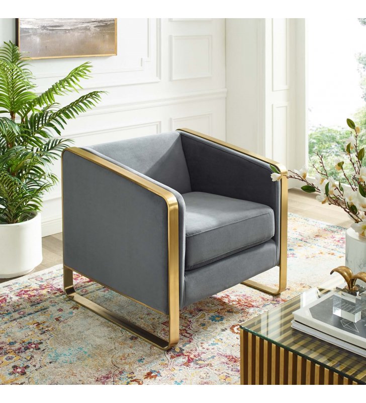 Visualize Accent Club Lounge Performance Velvet Armchair in Gray - Lexmod