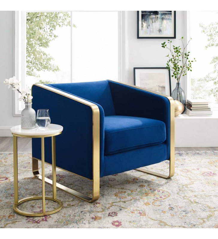 Visualize Accent Club Lounge Performance Velvet Armchair in Navy - Lexmod