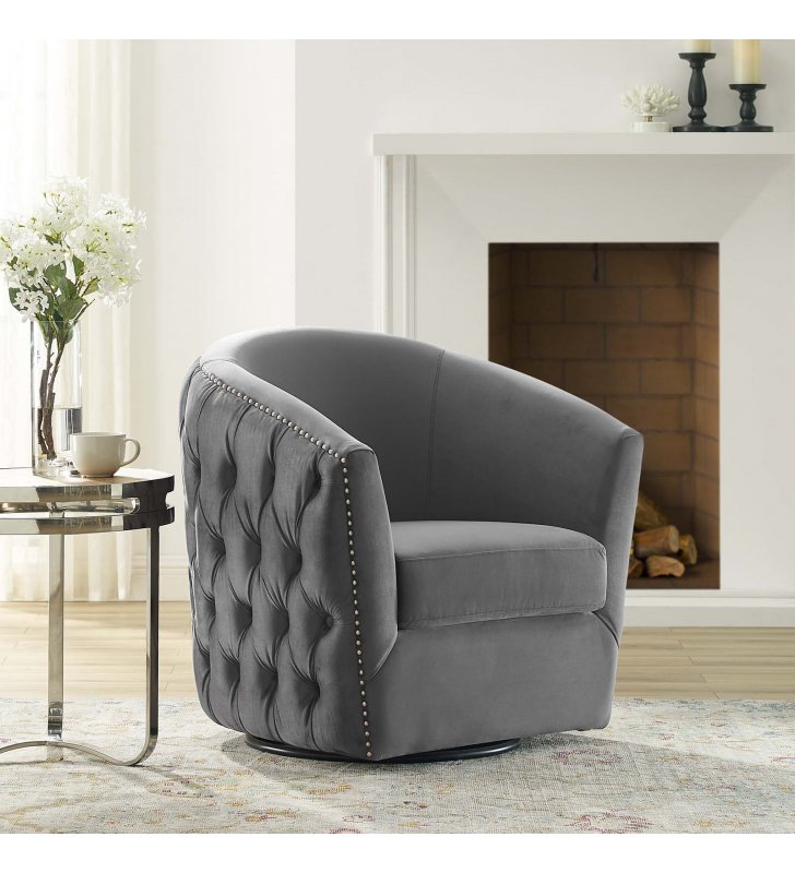 Rogue Swivel Performance Velvet Armchair in Gray - Lexmod