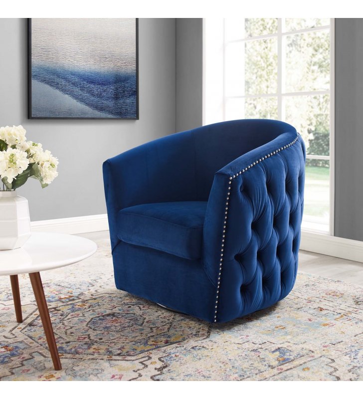 Rogue Swivel Performance Velvet Armchair in Navy - Lexmod