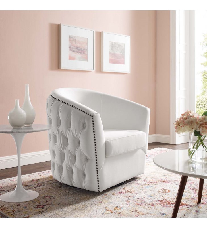 Rogue Swivel Performance Velvet Armchair in White - Lexmod