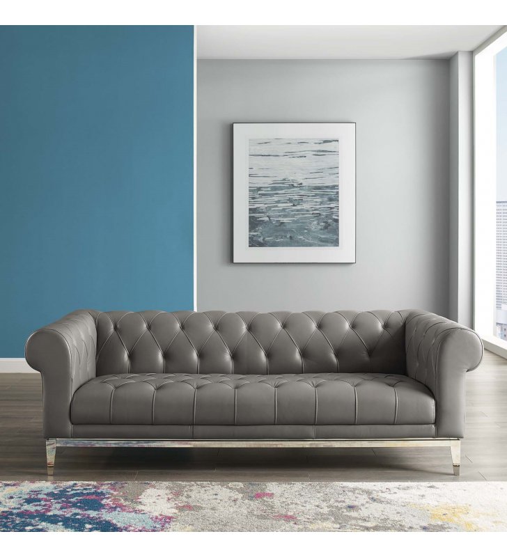 Idyll Tufted Button Upholstered Leather Chesterfield Sofa in Gray - Lexmod