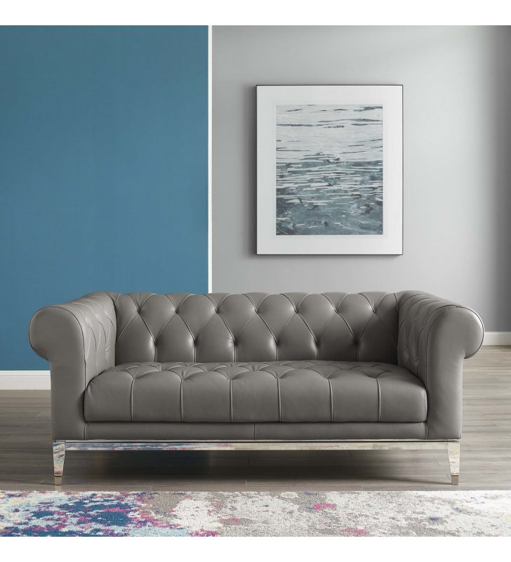 Idyll Tufted Button Upholstered Leather Chesterfield Loveseat in Gray - Lexmod