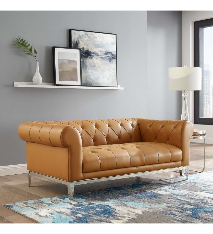 Idyll Tufted Button Upholstered Leather Chesterfield Loveseat in Tan - Lexmod