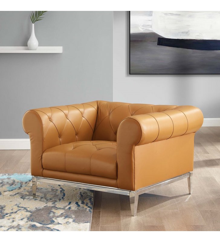 Idyll Tufted Button Upholstered Leather Chesterfield Armchair in Tan - Lexmod