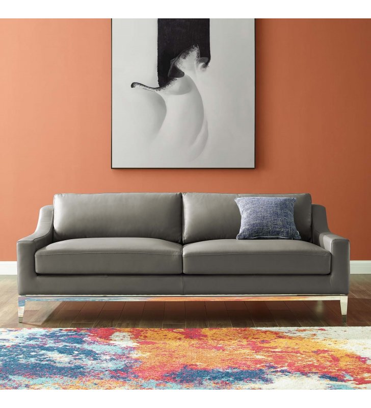 Harness 83.5" Stainless Steel Base Leather Sofa in Gray - Lexmod