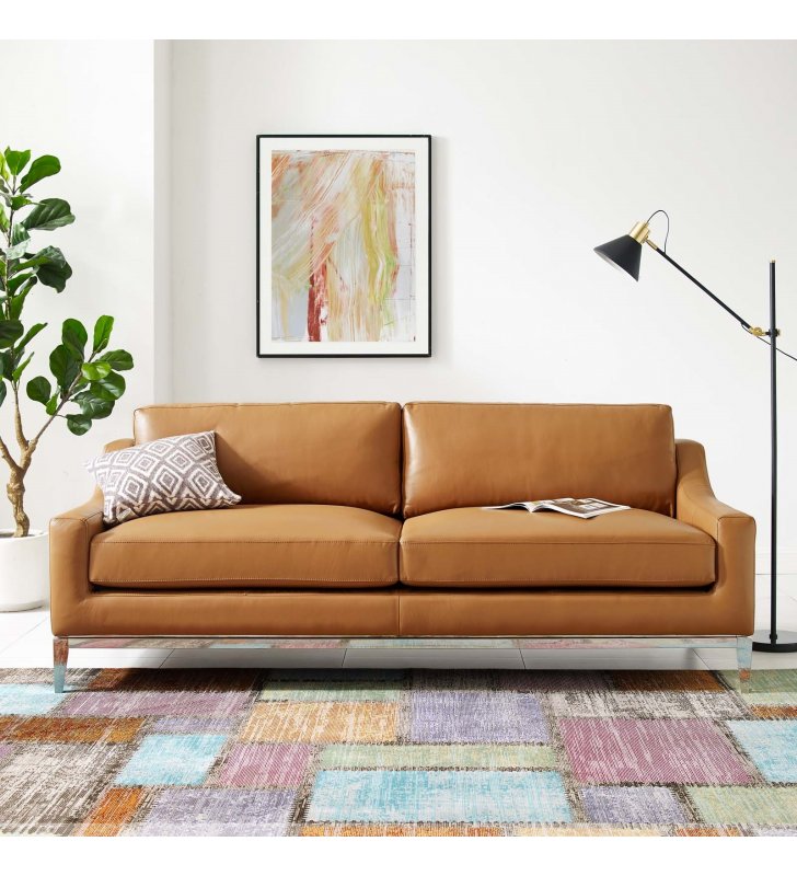Harness 83.5" Stainless Steel Base Leather Sofa in Tan - Lexmod