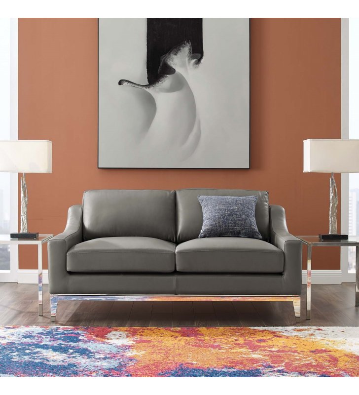 Harness 64" Stainless Steel Base Leather Loveseat in Gray - Lexmod