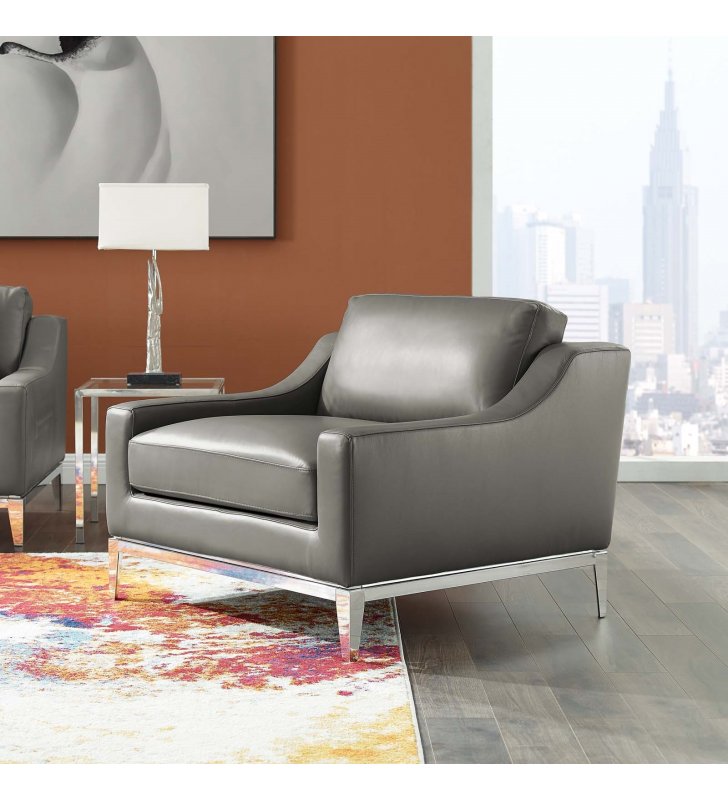 Harness Stainless Steel Base Leather Armchair in Gray - Lexmod