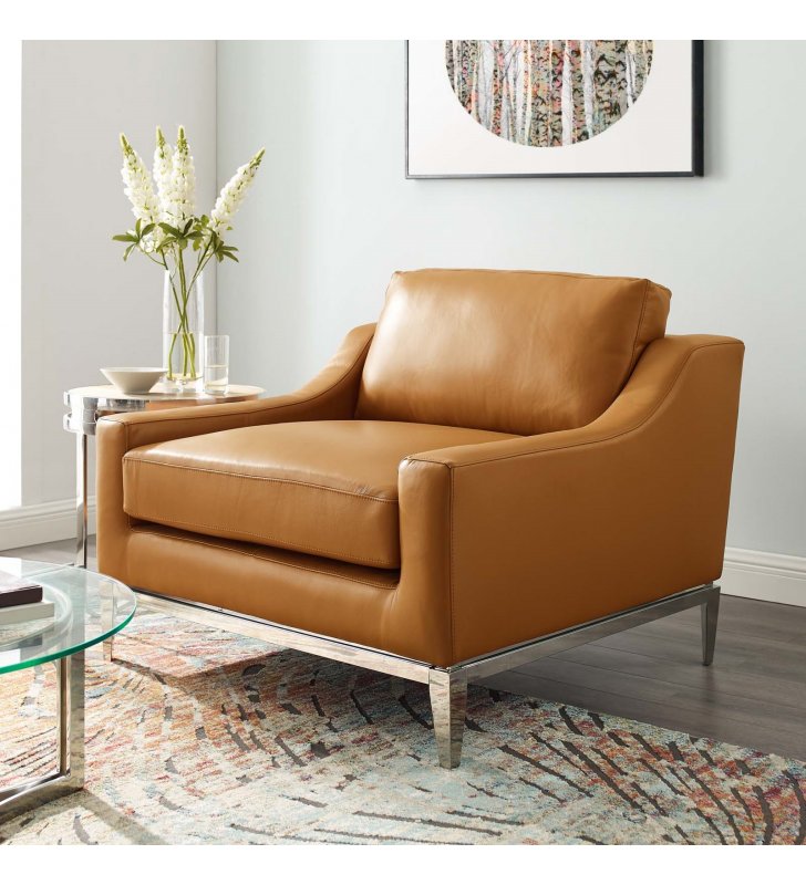 Harness Stainless Steel Base Leather Armchair in Tan - Lexmod