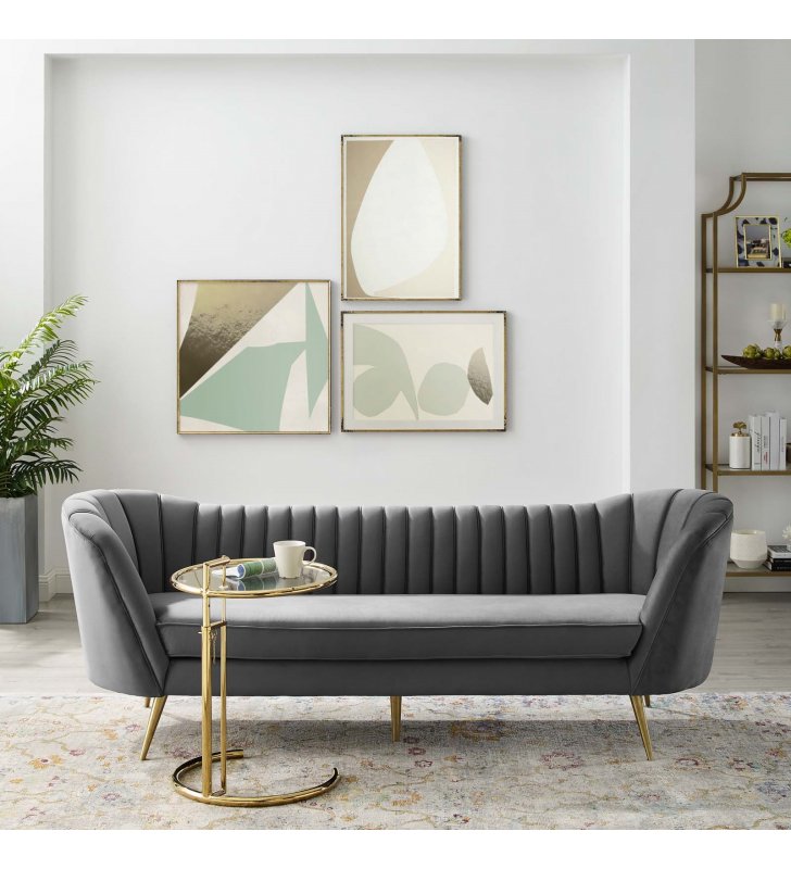 Opportunity Vertical Channel Tufted Curved Performance Velvet Sofa in Gray - Lexmod
