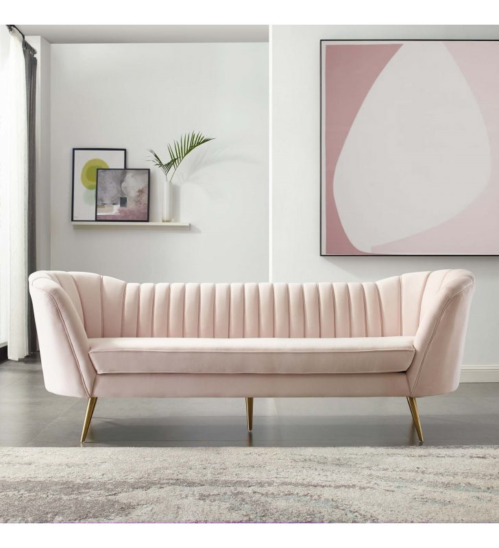 Opportunity Vertical Channel Tufted Curved Performance Velvet Sofa in Pink - Lexmod