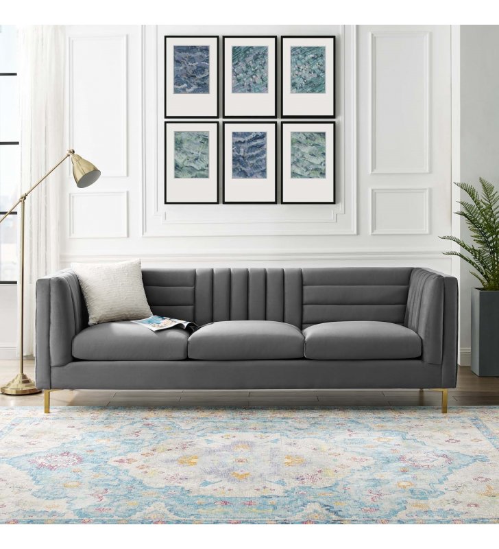 Ingenuity Channel Tufted Performance Velvet Sofa in Gray - Lexmod
