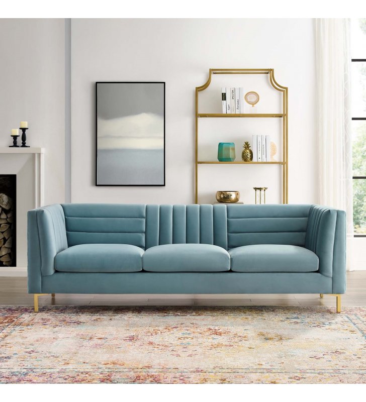 Ingenuity Channel Tufted Performance Velvet Sofa in Light Blue - Lexmod