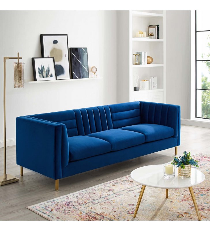 Ingenuity Channel Tufted Performance Velvet Sofa in Navy - Lexmod
