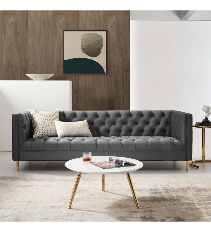 Delight Tufted Button Performance Velvet Sofa in Gray - Lexmod