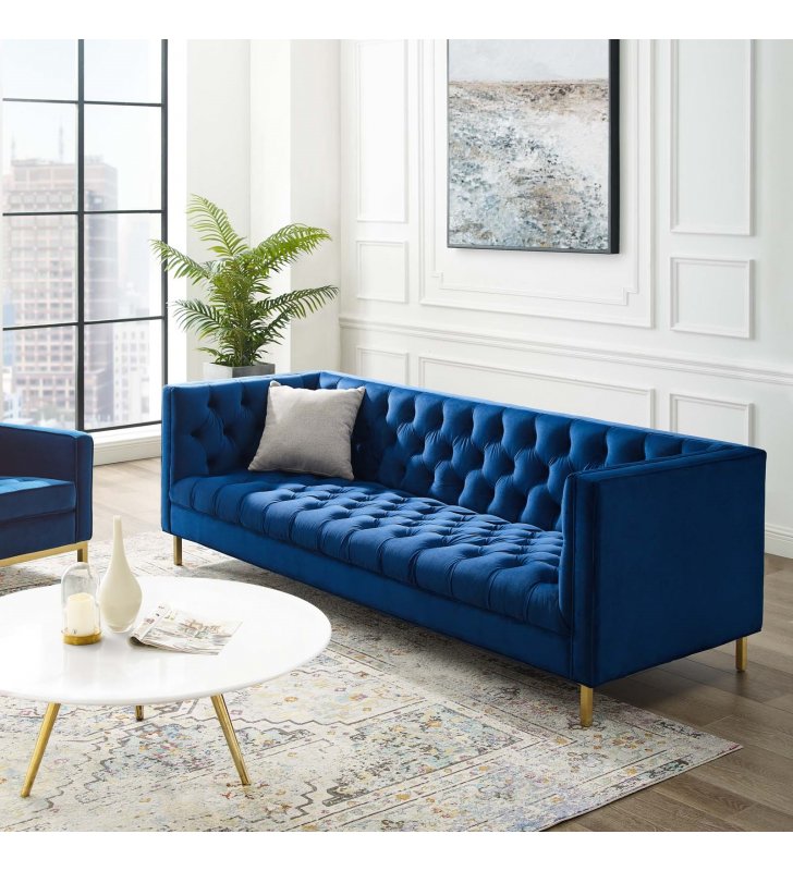 Delight Tufted Button Performance Velvet Sofa in Navy - Lexmod