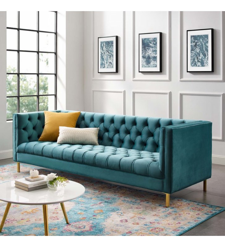 Delight Tufted Button Performance Velvet Sofa in Sea Blue - Lexmod