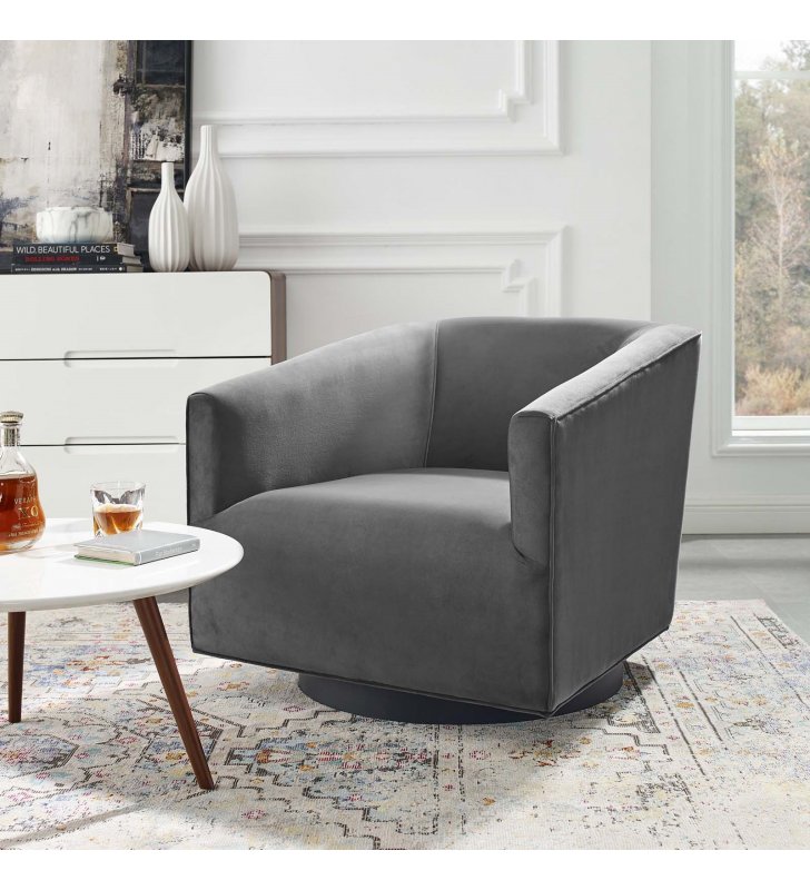 Twist Accent Lounge Performance Velvet Swivel Chair in Gray - Lexmod
