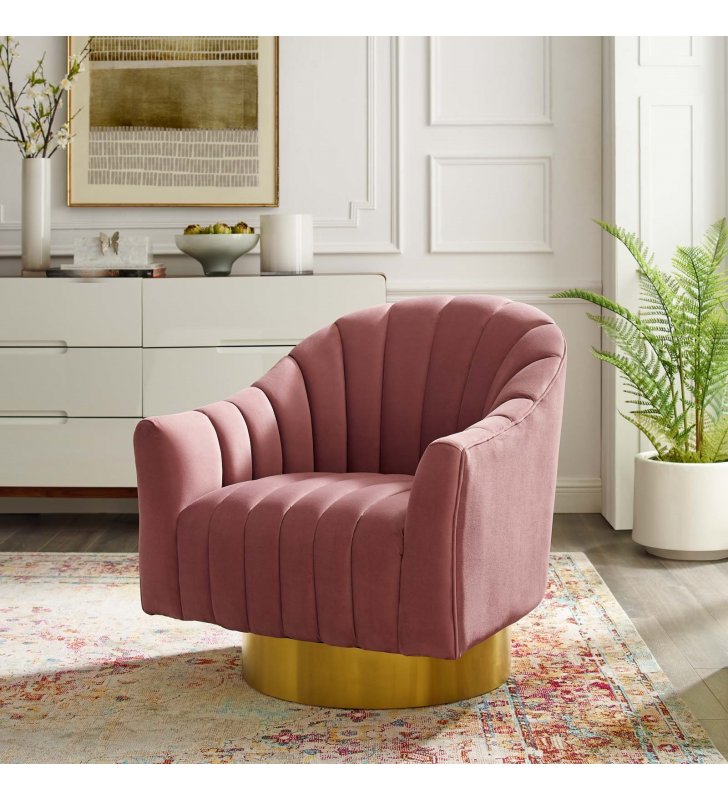 Buoyant Vertical Channel Tufted Accent Lounge Performance Velvet Swivel Chair in Dusty Rose - Lexmod