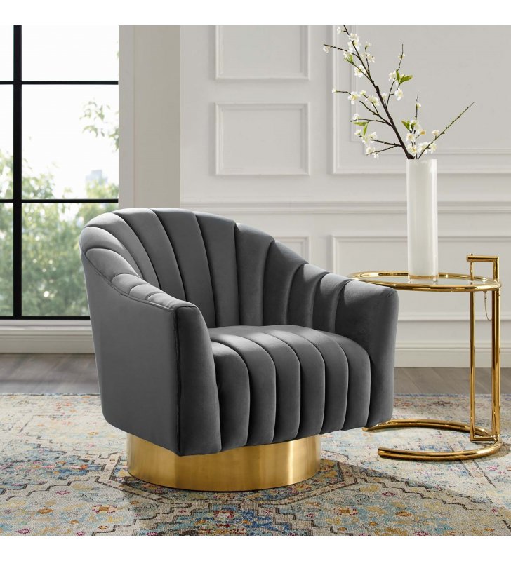 Buoyant Vertical Channel Tufted Accent Lounge Performance Velvet Swivel Chair in Gray - Lexmod