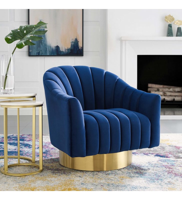 Buoyant Vertical Channel Tufted Accent Lounge Performance Velvet Swivel Chair in Navy - Lexmod