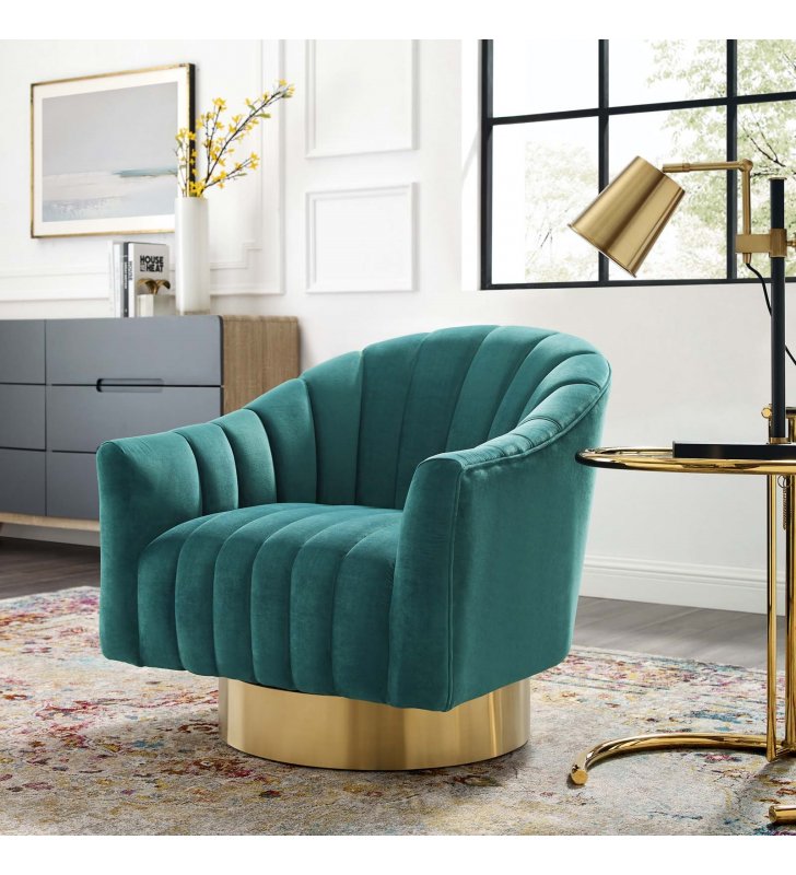 Buoyant Vertical Channel Tufted Accent Lounge Performance Velvet Swivel Chair in Teal - Lexmod