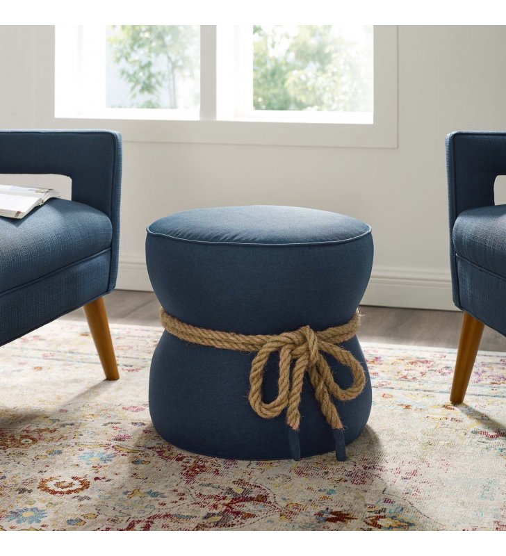Beat Nautical Rope Upholstered Fabric Ottoman in Blue - Lexmod