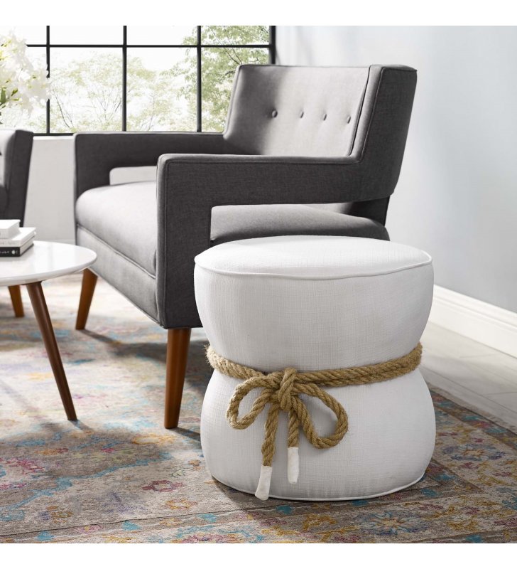 Beat Nautical Rope Upholstered Fabric Ottoman in White - Lexmod