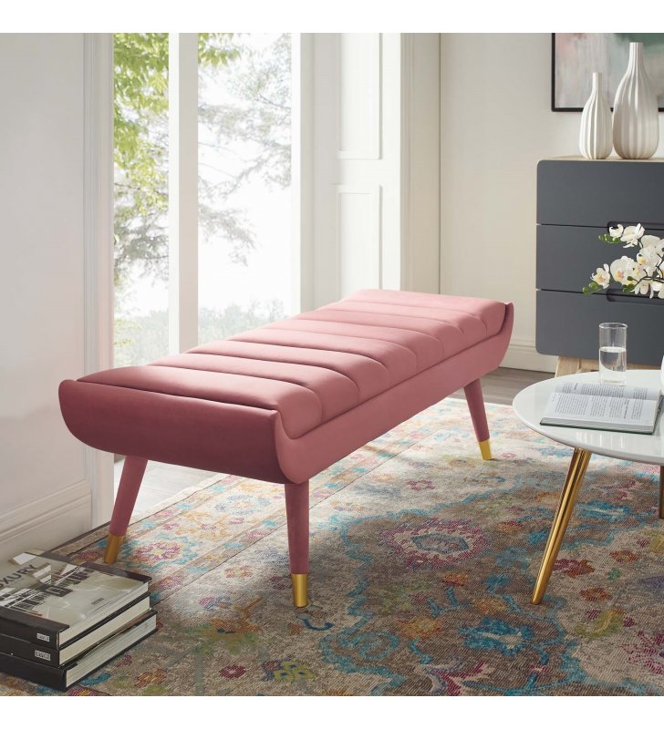 Guess Channel Tufted Performance Velvet Accent Bench in Dusty Rose - Lexmod