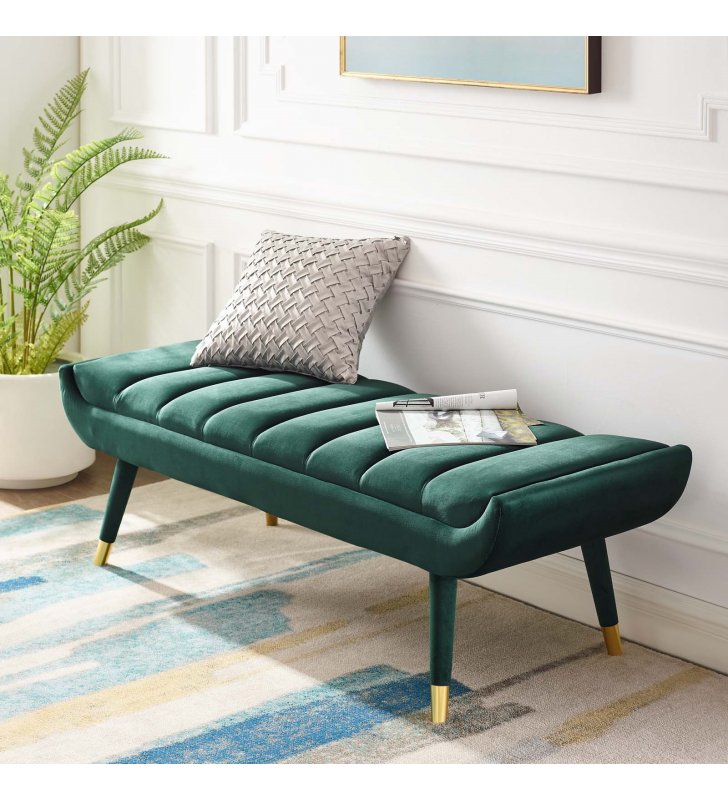 Guess Channel Tufted Performance Velvet Accent Bench in Green - Lexmod