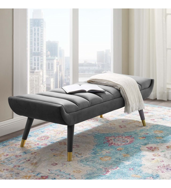 Guess Channel Tufted Performance Velvet Accent Bench in Gray - Lexmod
