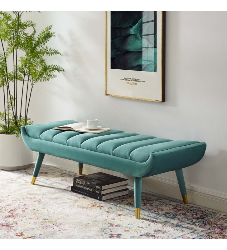 Guess Channel Tufted Performance Velvet Accent Bench in Teal - Lexmod