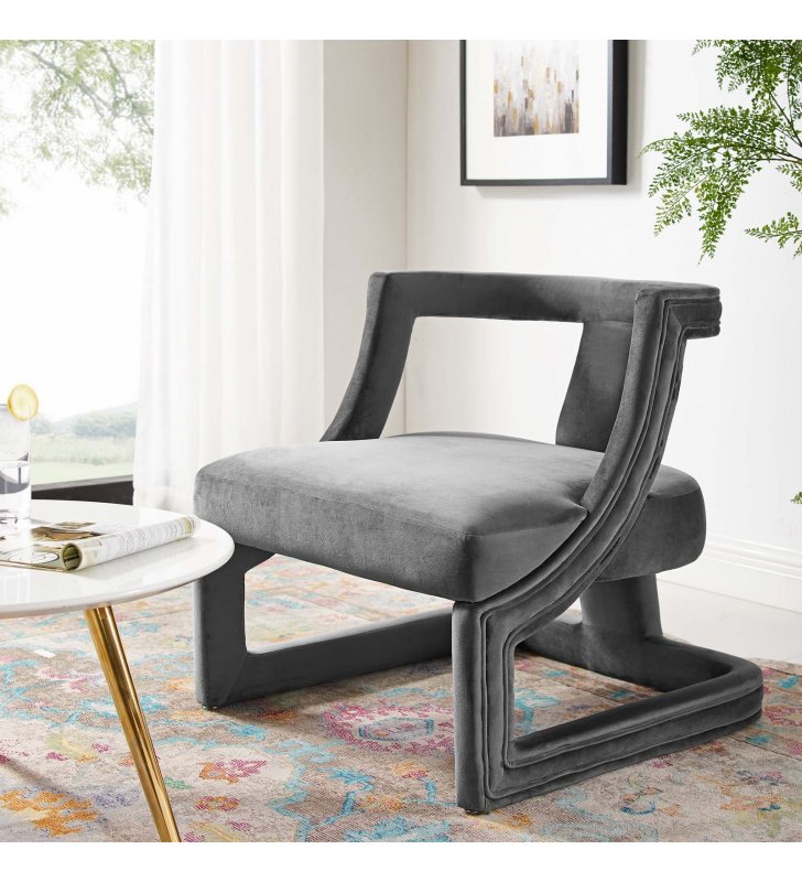 Requisite Accent Lounge Performance Velvet Armchair in Gray - Lexmod