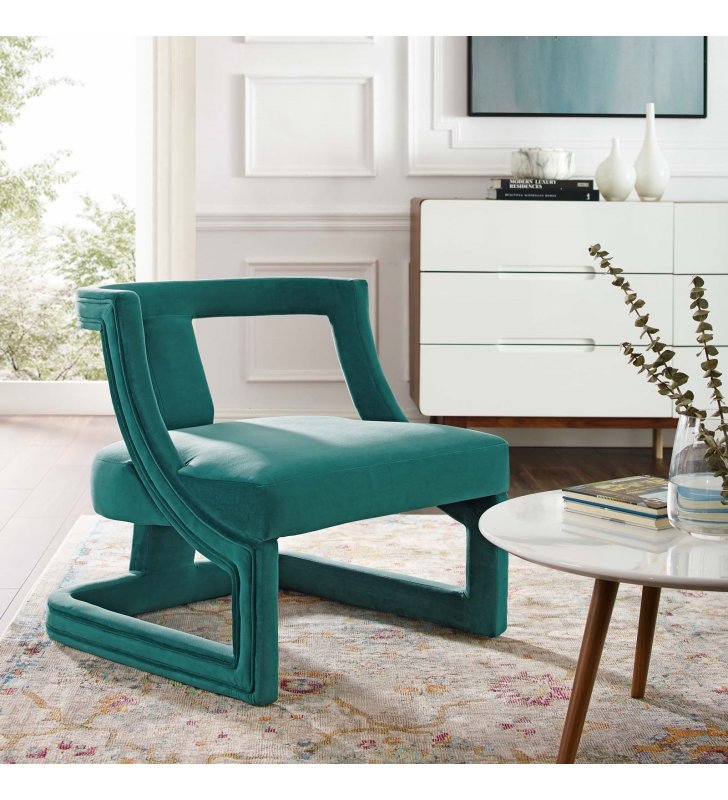 Requisite Accent Lounge Performance Velvet Armchair in Teal - Lexmod