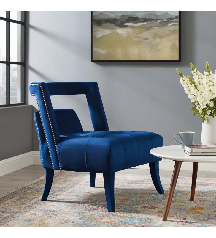 Honor Accent Lounge Performance Velvet Armchair in Navy - Lexmod
