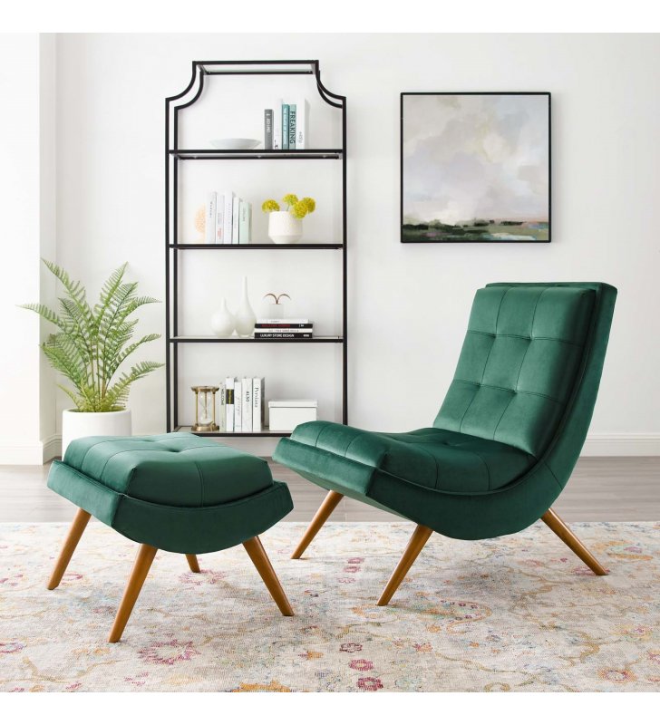 Ramp Upholstered Performance Velvet Lounge Chair and Ottoman Set in Green - Lexmod
