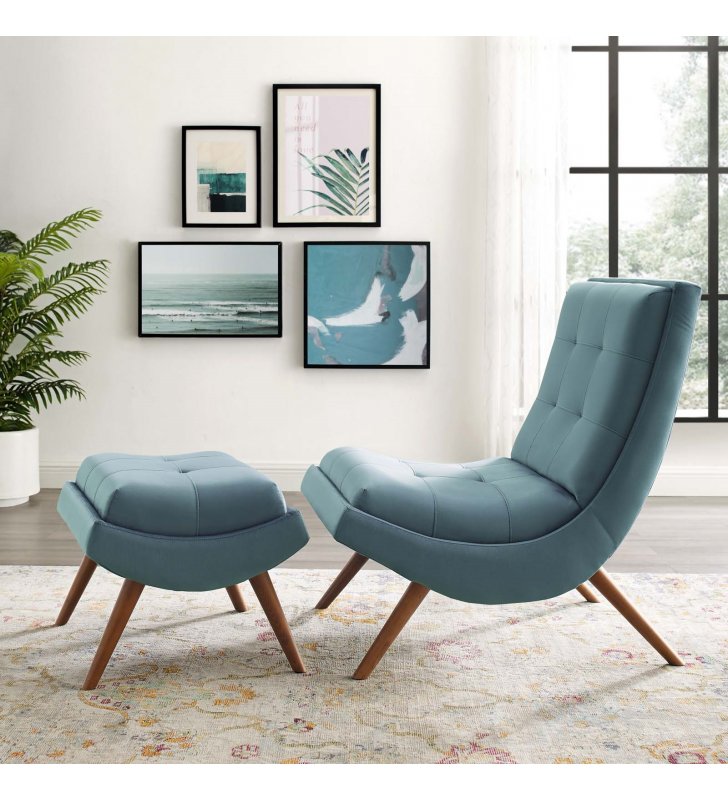 Ramp Upholstered Performance Velvet Lounge Chair and Ottoman Set in Light Blue - Lexmod